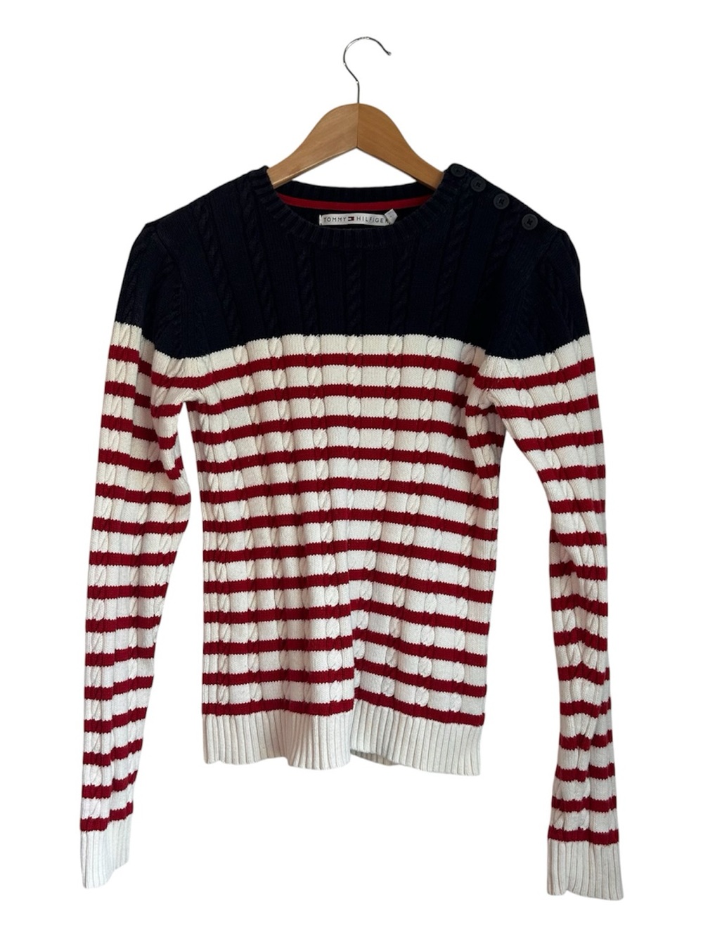 Vintage Tommy Hilfiger Red White and Navy Striped Cable Knit Sweater Size Medium